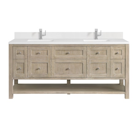 James Martin Vanities 72'' Double Vanity, Whitewashed Oak w/ Single Hole 3 CM White Zeus Quartz Top & Backsplash 330-V72-WWO-1WZ
